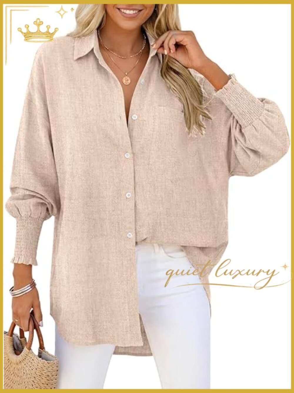 Linen Button Down Blouse Oversized Boyfriend Shirt Long Sleeve Smocked Cuffs